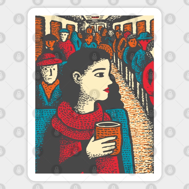 City Commuter | Woman on Subway Vintage Illustration Magnet by TuncGK